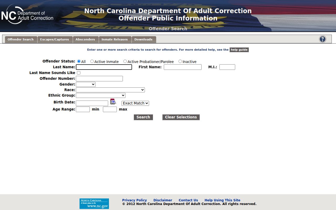 North Carolina Department of Adult Correction offender search filters