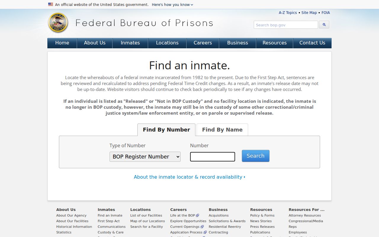 Federal Bureau of Prisons official inmate locator search