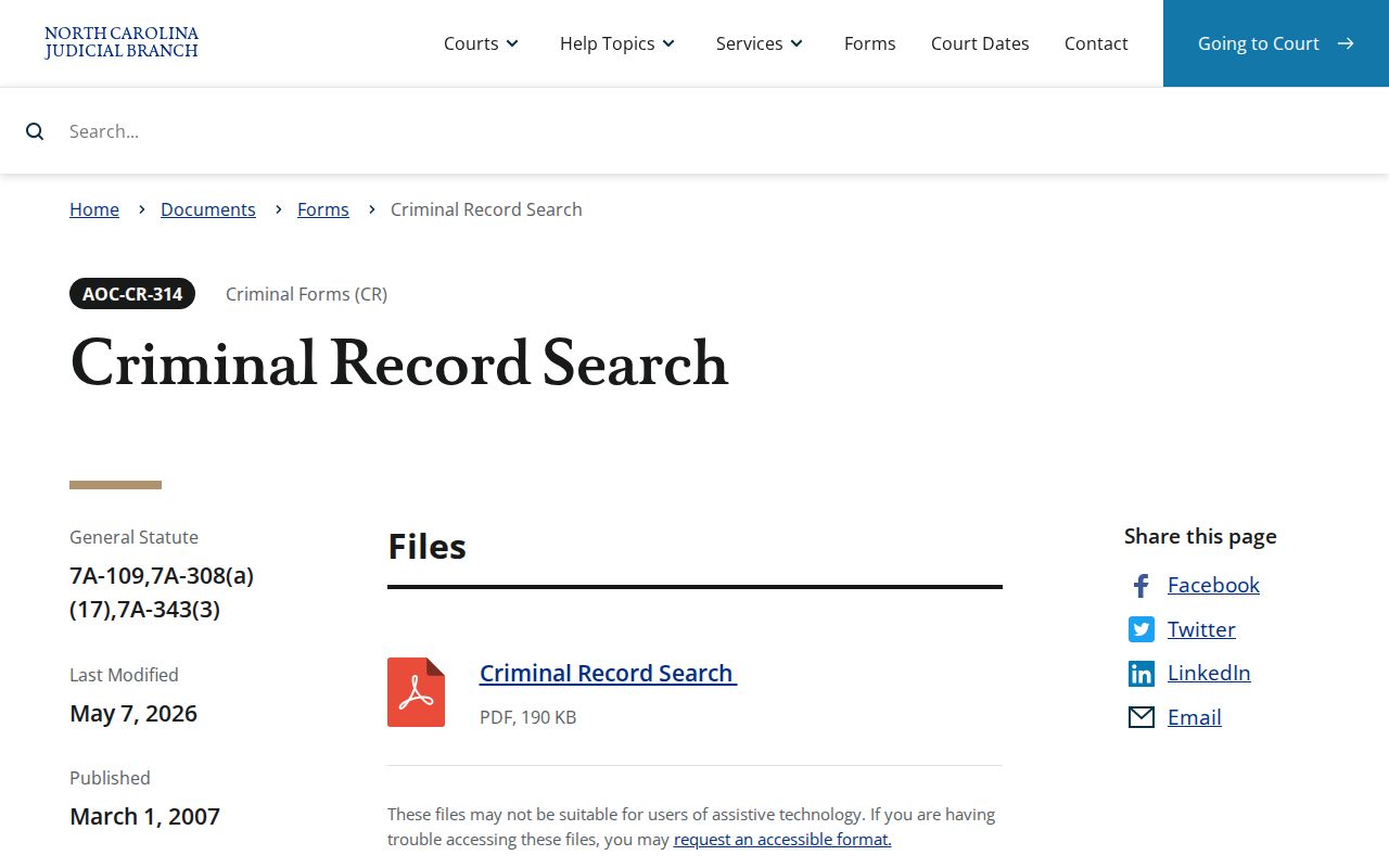 North Carolina AOC-CR-314 certified criminal record search form page