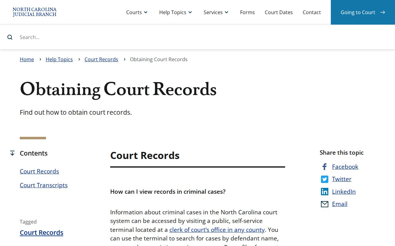 North Carolina Judicial Branch instructions for obtaining court records and copies