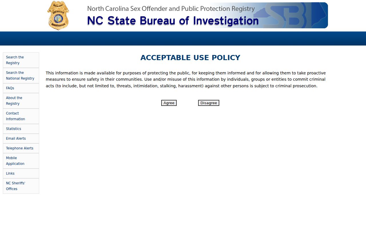 North Carolina Sex Offender Registry acceptable-use and misuse warning screen